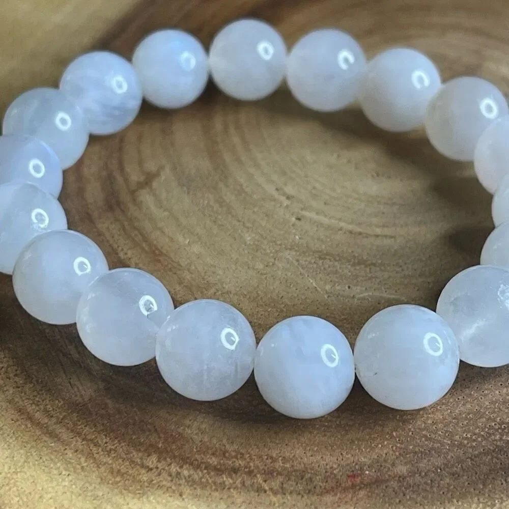 White Moonstone beaded bracelet 7” crystal healing beads 8mm blue flash